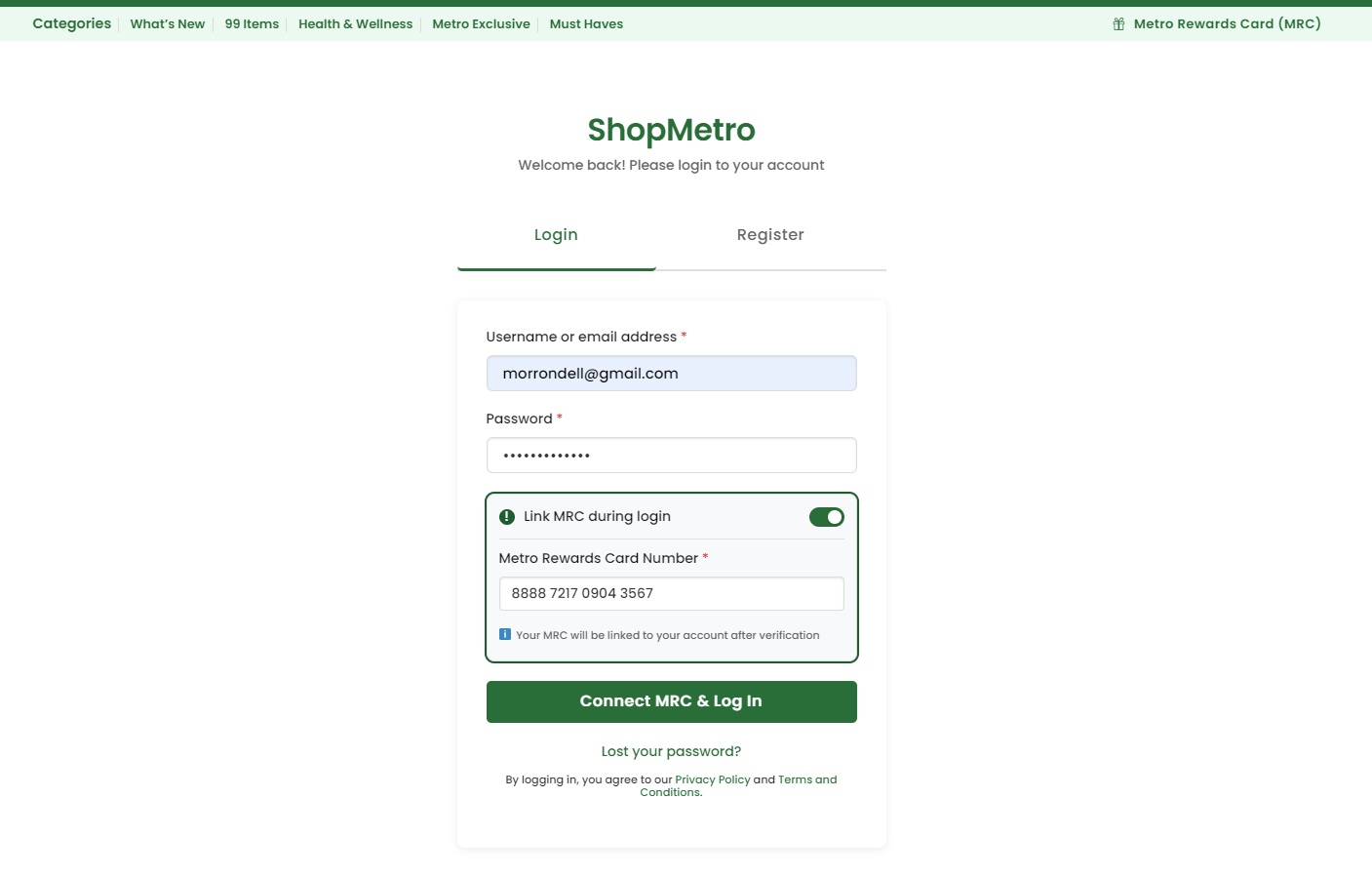 Login page with MRC link toggle