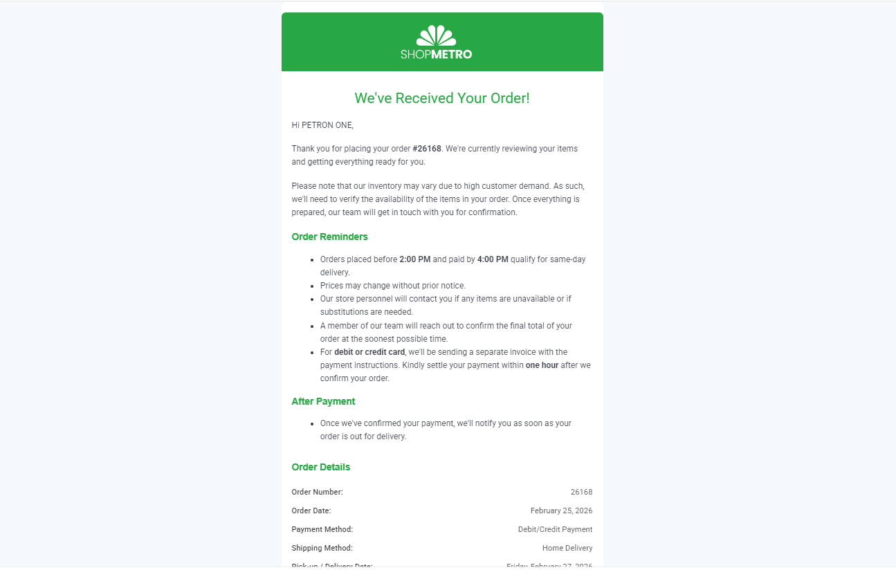We've Received Your Order confirmation email