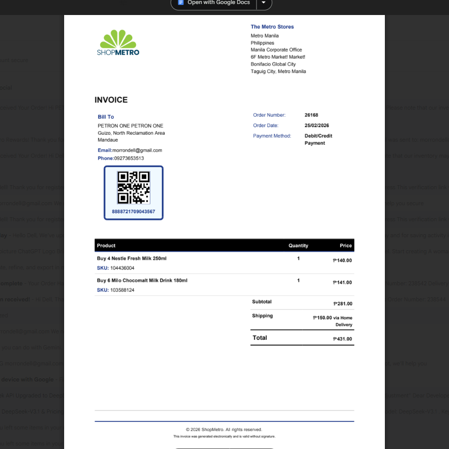 ShopMetro invoice for order #26168