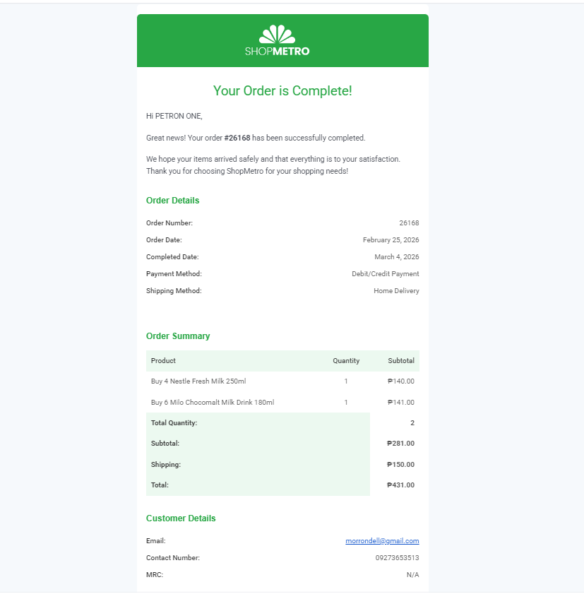 ShopMetro completion email confirmation
