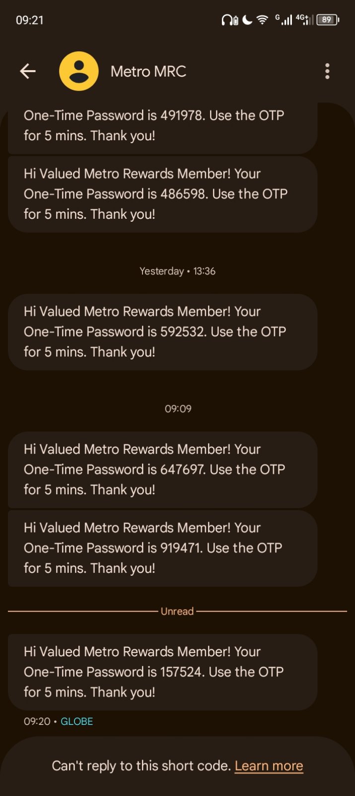 SMS OTP messages from Metro MRC
