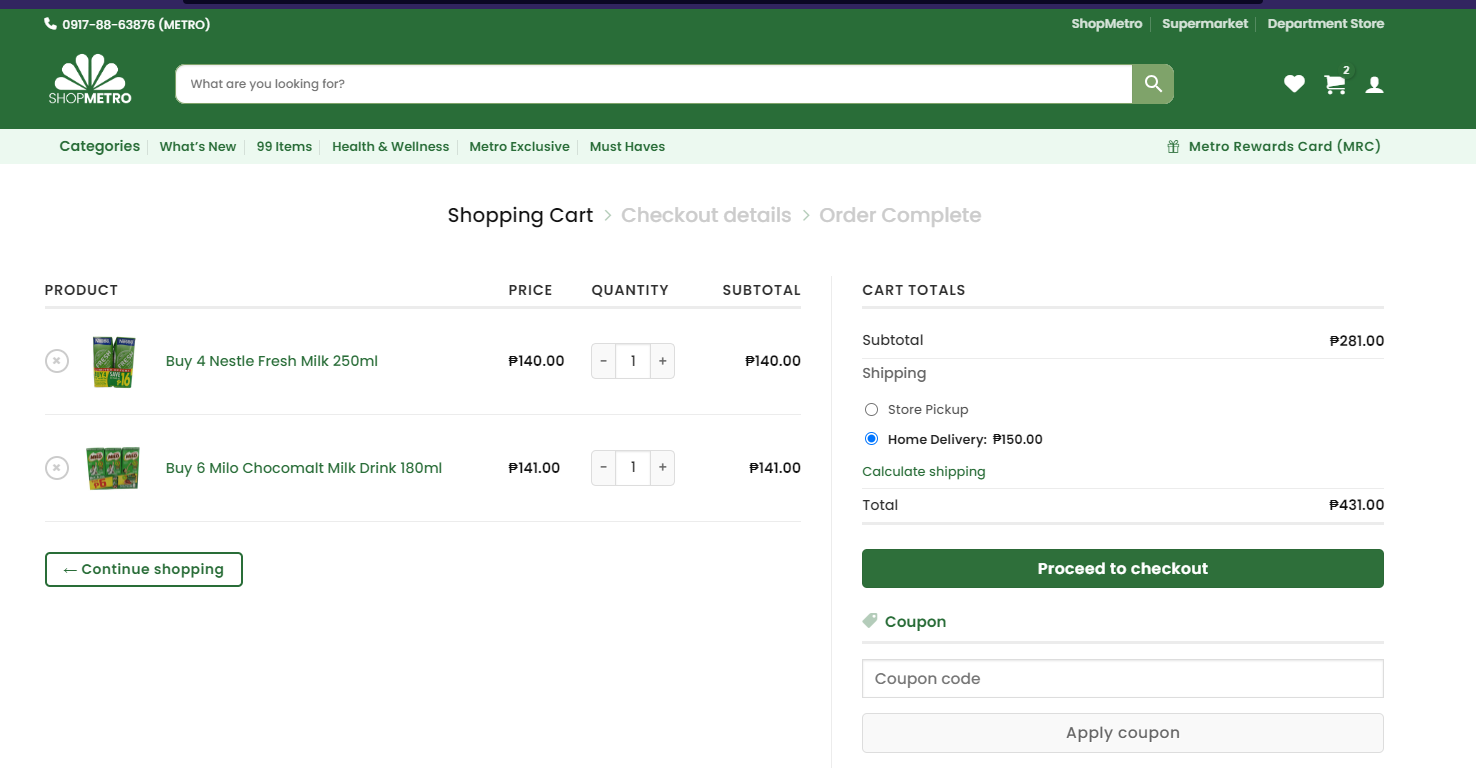 Shopping cart with 2 items