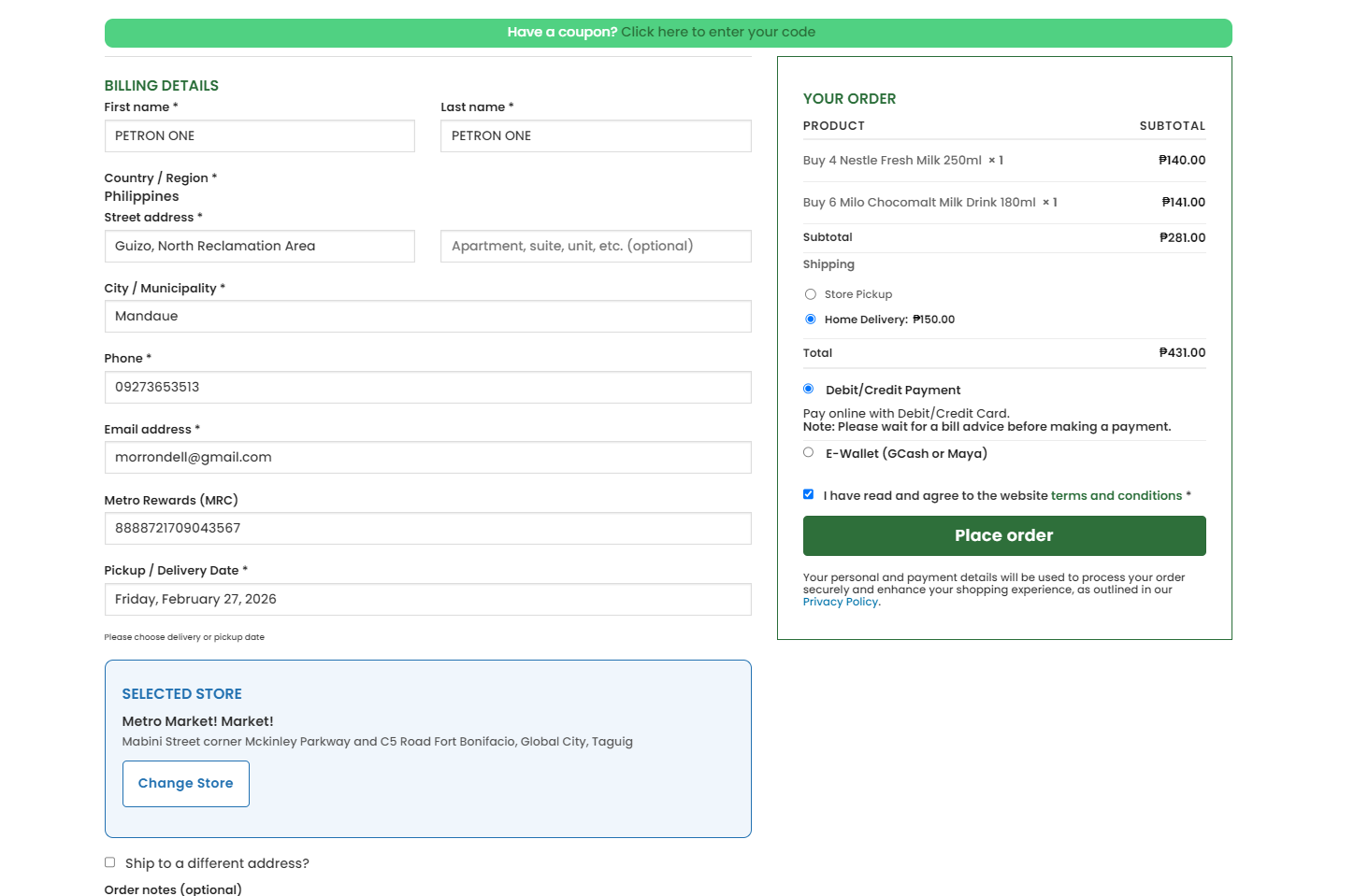 Checkout billing details page