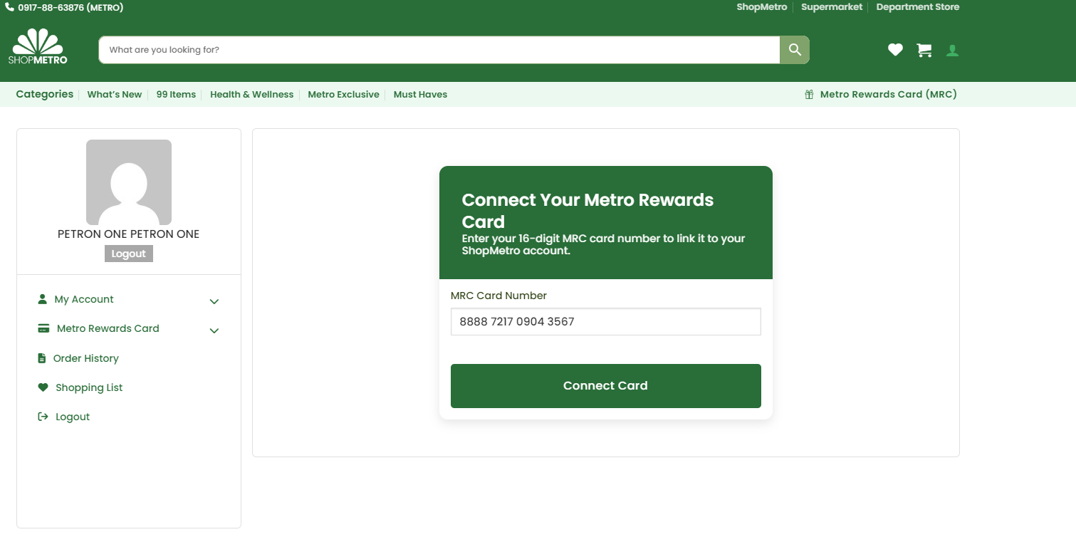 Connect Your Metro Rewards Card page