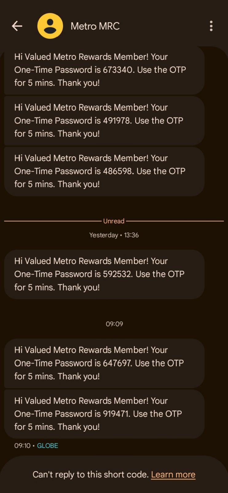 SMS OTP messages from Metro MRC