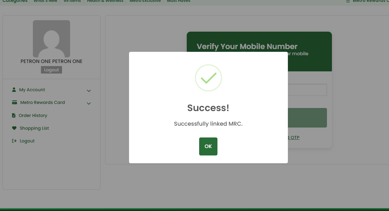 Successfully linked MRC confirmation popup