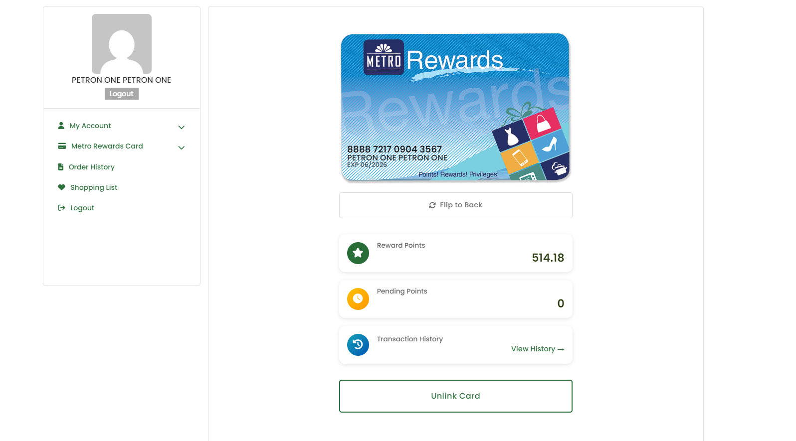 Full Metro Rewards Card dashboard