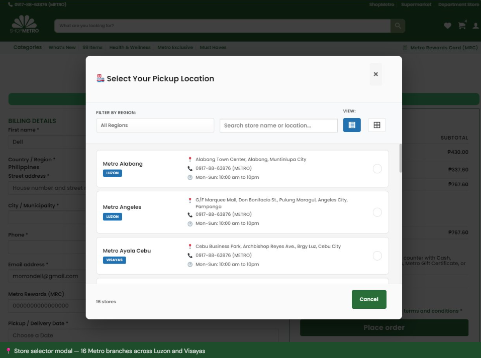 Select Pickup Location Modal