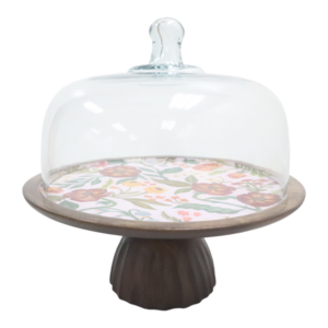 Whitman Footed Cake Dome Glass Cover Laminated Enamel Mango Wood 12" x 11"