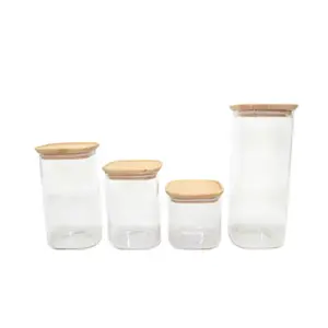 Storage Jars 4 Pieces Set  Square with Bamboo Lid