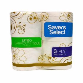 Savers Select Bathroom Tissue 3 Ply 1000 Sheets Jumbo 4Pcs