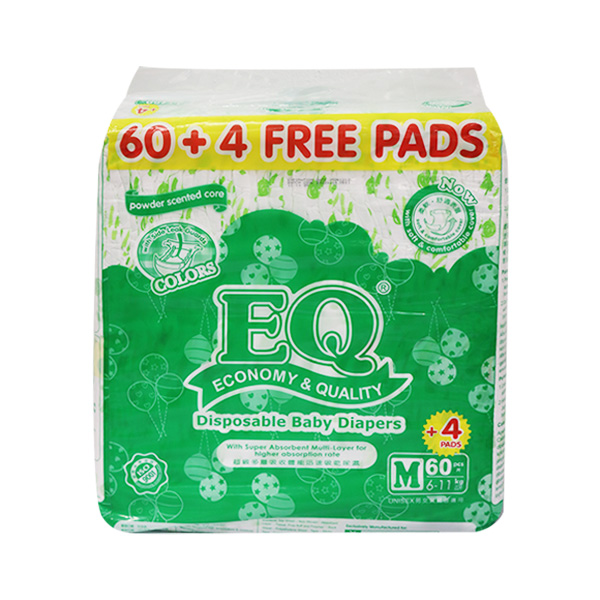 EQ Colors Powder Scented Core Disposable Baby Diapers Medium 60's + 4 pads