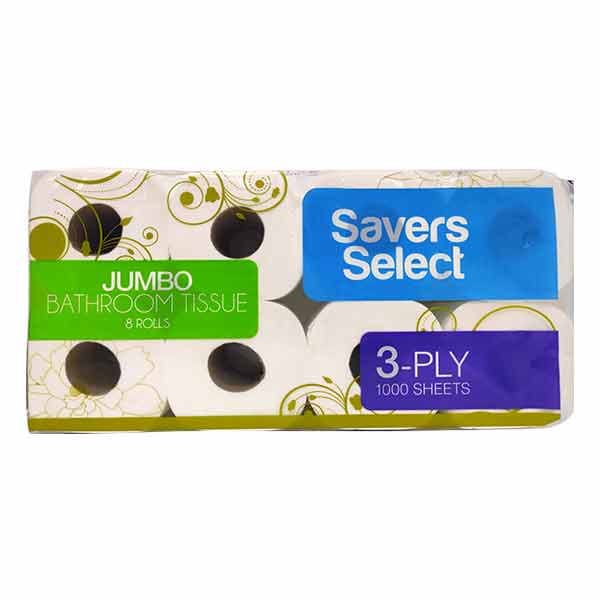 Savers Select Bathroom Tissue 3 Ply 1000 Sheets Jumbo 8pcs