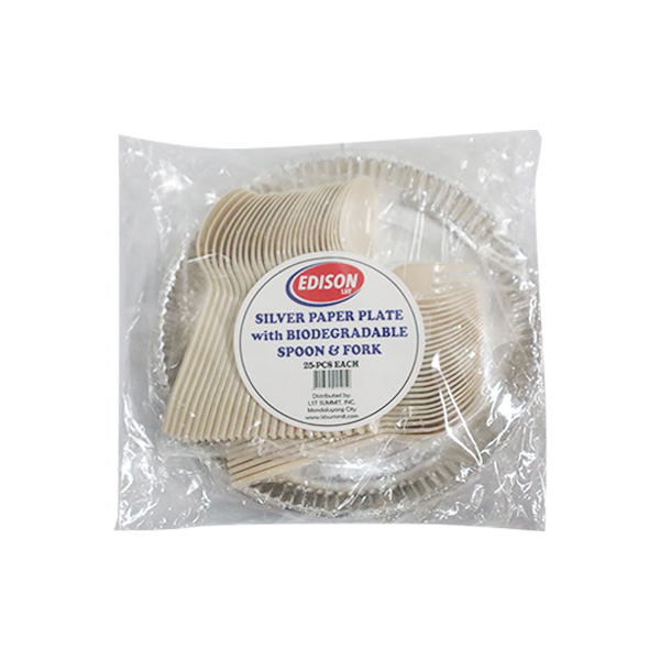 Edison Silver Paper Plate with Biodegradable Spoon & Fork 25pcs Each