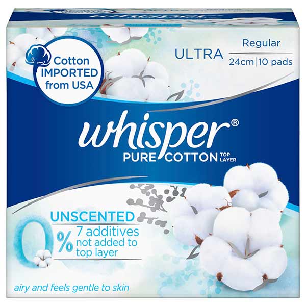 Whisper Pure Cotton Unscented Regular 10S