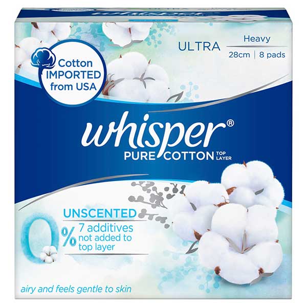 Whisper Pure Cotton Unscented Long 8S