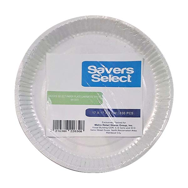 Savers Select Paper Plate Laminated White 6x100's