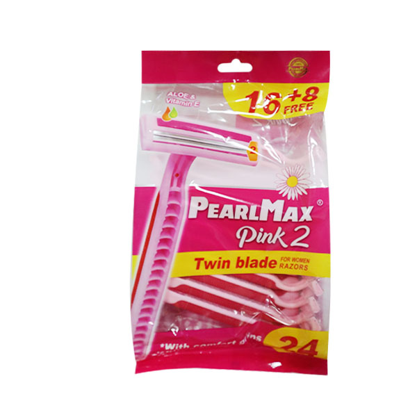 Twin Stainless Steel Blade Plus Fixed Head with Lubricating Strip Plus Rubber Handle (16 Plus 8 Free) Pink