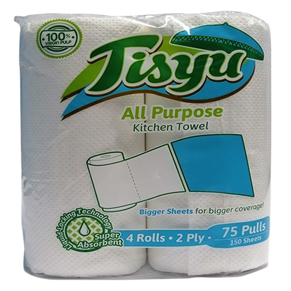 Tisyu All Purpose Kitchen Towel 4 Rolls – 2 Ply – 75 Pulls – 150 Sheets