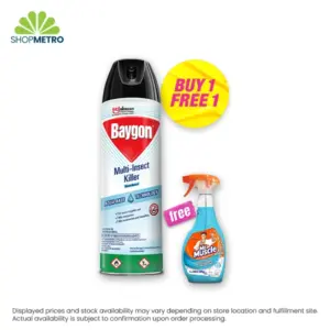 Buy 1 Baygon Sheild Multi-Insect Killer Waterbased 500ml Free Mr Muscle Glass and Multi Surface Cleaner Primary Fresh Fragrance 500ml